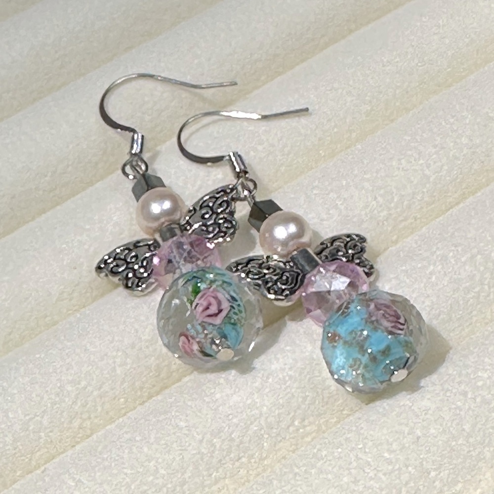 Handmade Pink & Blue Roses Angel Earrings Glass & Faux Pearl Silver Tone Girly - Picture 3 of 6